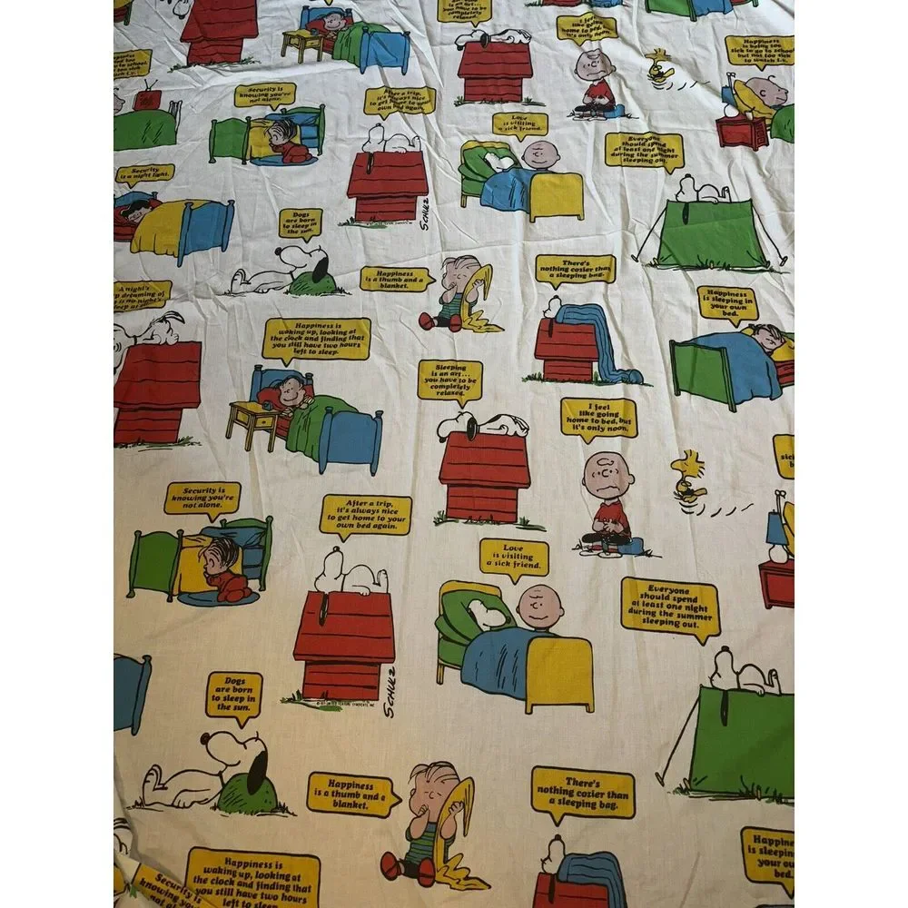 VTG 70s Snoopy Charlie Brown Peanuts Twin Top Flat‎ Sheet Shultz 1971 Woodstock